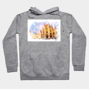 Piazza del Duomo, Milan Italia Watercolor Art City Landscape Hoodie